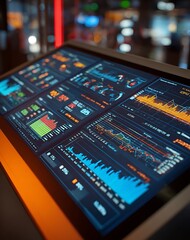 Futuristic Data Analytics Dashboard Display with Glowing Charts and Graphs