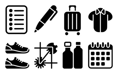 Collection of Icons: List, Pen, Suitcase, Shirt, Shoes, Tools, Bottles, Calendar