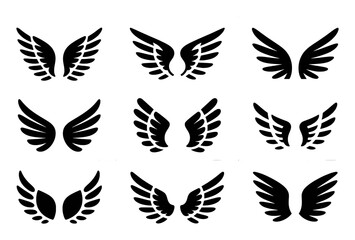 Collection of nine black stylized angel wing icons on a white background