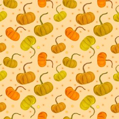 Seamless pattern wild pumpkins and dots on beige background watercolor illustration. Print, perfect for branding, packaging, and autumn festival products