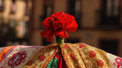 Red carnation on a golden-threaded shawl, embodying Spanish cultural richness and elegance.