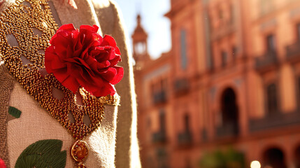 Red carnation on a golden-threaded shawl, embodying Spanish cultural richness and elegance.