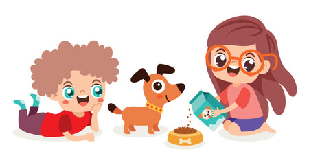 Cartoon Kid Playing With Dog