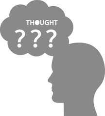 A gray silhouette of a head with a thought bubble and question marks