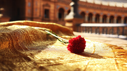 Red carnation on a golden-threaded shawl, embodying Spanish cultural richness and elegance.