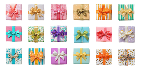 Colorful gift boxes with ribbons and varied patterns