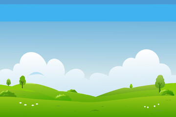 Fototapeta premium A serene cartoon landscape with green hills and fluffy white clouds in sky