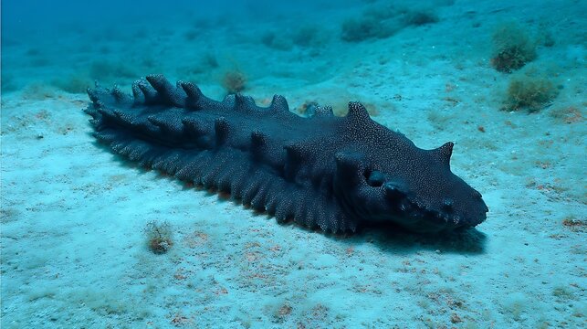 Black sea cucumber resting on the sandy ocean floor, marine wildlife in its natural habitat, underwater view of an echinoderm in the sea