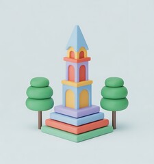 Fototapeta premium Colorful 3D Temple or Monument Icon – Cartoon Style Landmark with Trees and Pastel Steps
