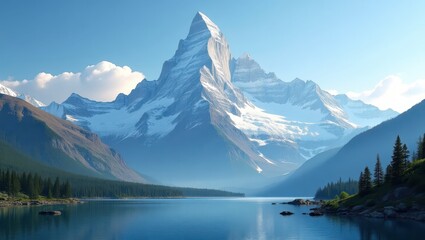 Fototapeta premium A serene mountain lake scene showcases a majestic peak, reflecting tranquil waters and a vibrant landscape.