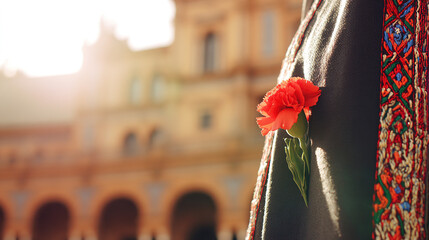 Red carnation on a golden-threaded shawl, embodying Spanish cultural richness and elegance.