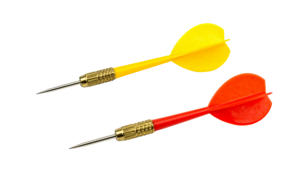 
Three colorful darts with red yellow and orange flights isolated on solid white background Png
