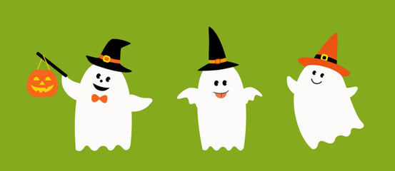 Set of cute Halloween white sheet ghosts flat stock vector illustration.
White ghost wearing a witch hat.
Good for greeting card,poster, banner, leaflet.