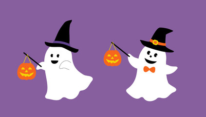 Set of cute Halloween white sheet ghosts flat stock vector illustration.
White ghost wearing a witch hat.
Good for greeting card,poster, banner, leaflet.