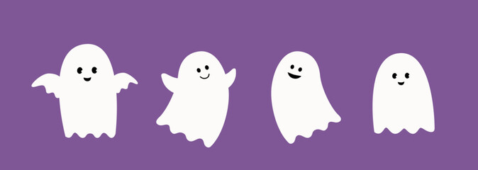Set of cute Halloween white sheet ghosts flat stock vector illustration.
Good for greeting card,poster, banner, leaflet.