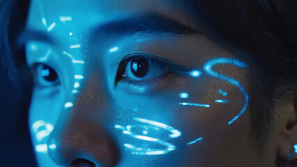 Close-up of a person's eyes with augmented reality graphics overlay on their face.