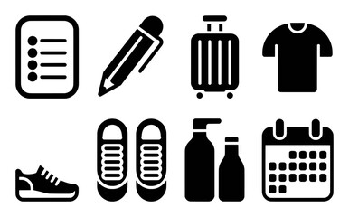 Collection of travel and daily essentials icons: checklist, pen, suitcase, t-shirt, shoes, toiletries, and calendar