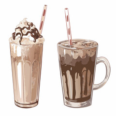 Two glasses of chocolate milkshake with whipped cream and straws
