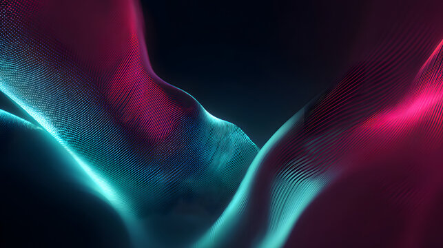 Abstract glowing waves in neon magenta and cyan with glitch distortion and scanlines in a futuristic cinematic style