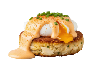 Gourmet Crab Cake Benedict with flaky crab, soft-poached egg, spicy Cajun hollandaise, chives, paprika, on a transparent background, macro close-up, sharp focus. Culinary excellence and freshness