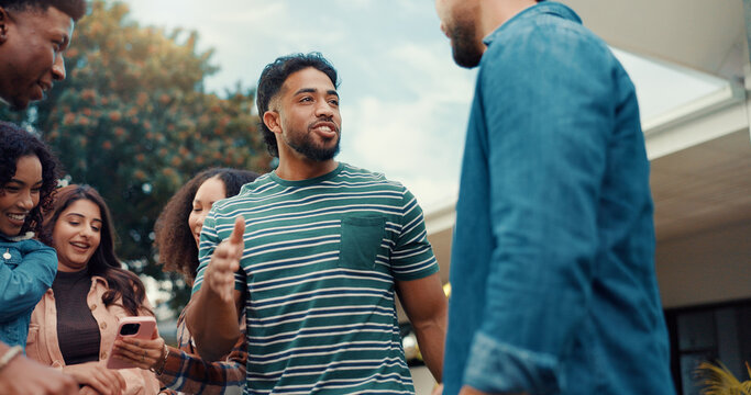 Friends, backyard and people at party talking for bonding, relaxing and fun conversation on weekend. Happy, outdoor and men with women hangout in garden for celebration, social gathering and reunion