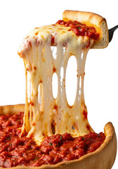 Extreme macro close-up of a deep-dish pizza slice with a long, gooey mozzarella cheese pull, vibrant red tomato sauce, against a clean transparent background, appetizing food concept
