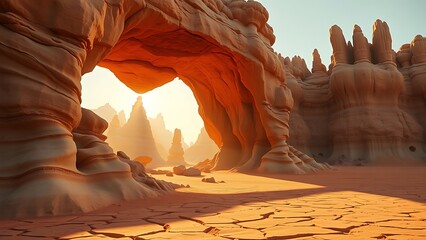 Sunlight streams through a natural rock arch in a desert landscape