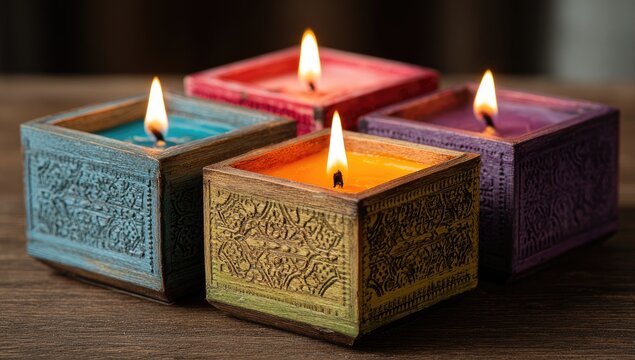 Four colorful, scented candles in ornate wooden boxes