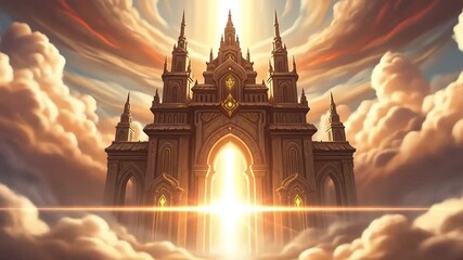 Golden gates of heaven with ornate arch and cross on top standing in white clouds, religious concept of paradise entrance. - Powered by Adobe