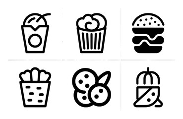 Set of six stylized icons representing fast food and snacks