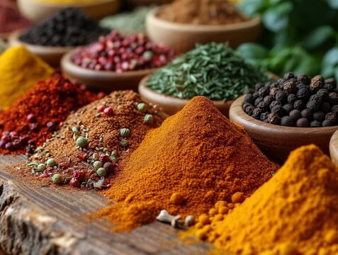 Explore vibrant spices arranged artfully in wooden bowls showcasing colors and textures in a culinary setting