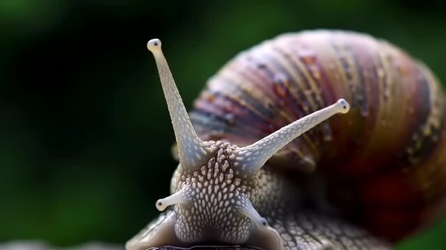 Close-up of a snail shell covered in dew droplets, showcasing intricate patterns and textures in nature