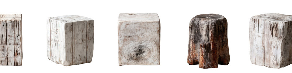 Five cubed stone or wood samples, varying in color and texture