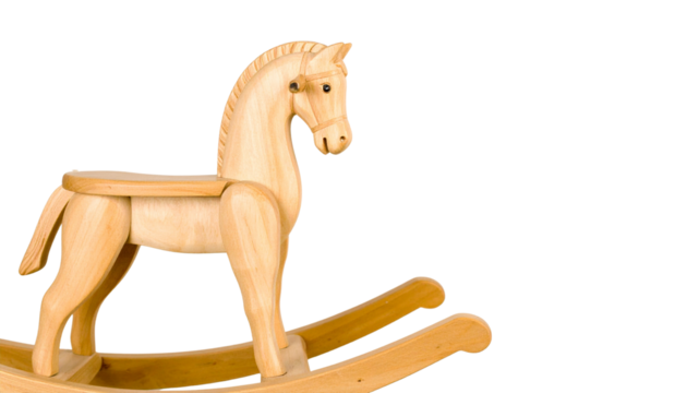 Classic wooden rocking horse toy with smooth curves and detailed craftsmanship, isolated on a clean white background. Perfect for nursery decor, childhood themes, and vintage toy designs.
