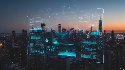 Futuristic data visualization overlaying a city skyline at dusk, showcasing analytics and trends - Powered by Adobe