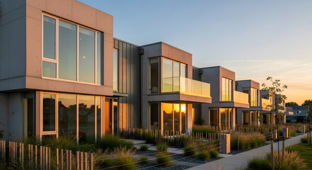 Obraz premium Row of modern townhouses with contemporary design and garden at sunset