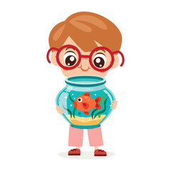 Cartoon Kid And Cute Fish