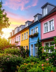 Colorful row houses at sunset