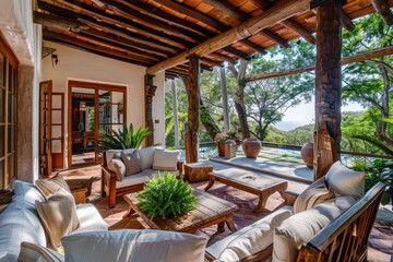Fototapeta premium A cozy and stylish terrace interior, an open area on the street or roof, the perfect place for relaxation and cozy evenings 