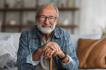 Head shot portrait smiling mature man with walking stick sitting on couch at home, happy older senior male holding hands on wooden cane, looking at camera, elderly people healthcare concept