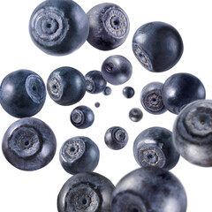 Fresh ripe blueberries swirling in air against white background
