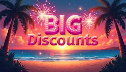 “Festival sale promo: animated text ‘Big Discounts’ with fireworks and festive colors.”	