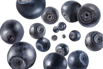 Fresh ripe blueberries swirling in air against white background