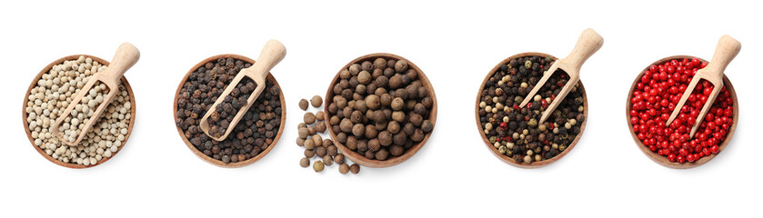 Different types of peppers, set. Spices isolated on white, top view