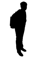 Black silhouette of school student standing with backpack, isolated. Back to school. Vector illustration