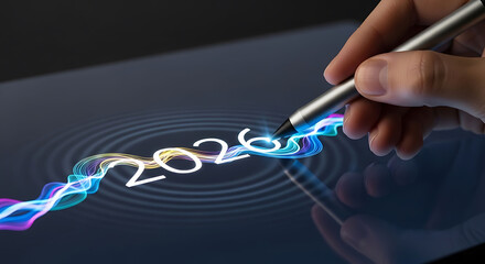 Futuristic 2026 trend analysis with digital pen on a futuristic screen