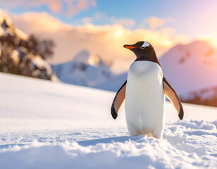 Naklejka premium Gentoo Penguin with Antarctic Sunset.