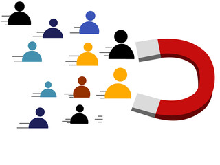 Magnet attracting people icons with empty space. Customer engagement illustration. Digital marketing strategy. Lead generation symbol. Target audience attraction.