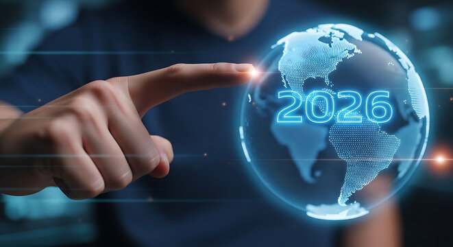 Futuristic holographic globe with year 2026 displayed touched by a human finger 2026 trend