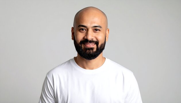 Smiling bald man with beard in white t-shirt against light grey background